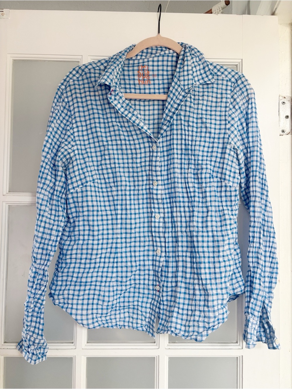 J. McLaughlin Crinkle Gingham Long Sleeve Button Down Shirt Blue White size 10
